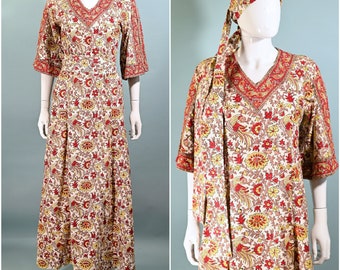 Rare 60s/70s Ramona Rull Bohemian Hippie Hand Block Print + Mirrors, Pakistan Maxi Dress/Caftan, Petite S