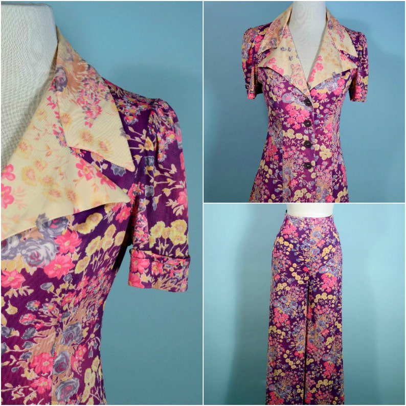Short Sleeve Tunic Top Purple Flower Hippie Wid Leg Pants Boho Hippie Flowery Suit S Vintage 70s Mod Floral Pant Suit