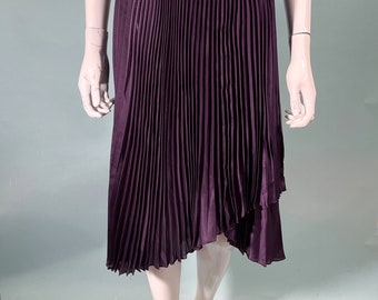 Vintage 70s Pleated Skirt, Eggplant Asymmetrical Hem Midi Skirt 25" W