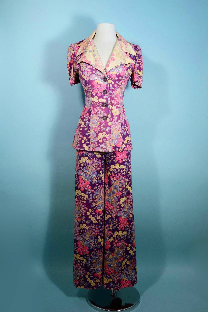 Short Sleeve Tunic Top Purple Flower Hippie Wid Leg Pants Boho Hippie Flowery Suit S Vintage 70s Mod Floral Pant Suit