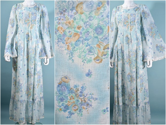 Vintage Angel Sleeve Maxi Dress, Soft Blue Floral… - image 6