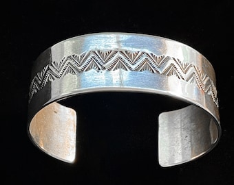 Vintage Navajo Native American Sterling Etched Cuff Bracelet, Signed 43.6 G