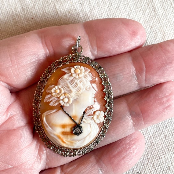 14K White Gold Antique Cameo Pendant/Brooch, Vict… - image 8