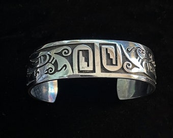 Vintage Hopi Sterling Overlay Bracelet, Bird Bracelet Native American Cuff Signed