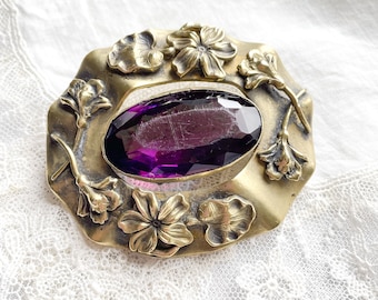 Vintage/Antique Art Nouveau Brooch, Amethyst Glass Stone, Beaux Arts Brooch