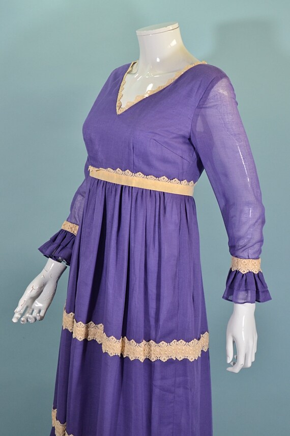 Vintage 60s/70s Purple Maxi Dress Ruffle & Lace D… - image 8