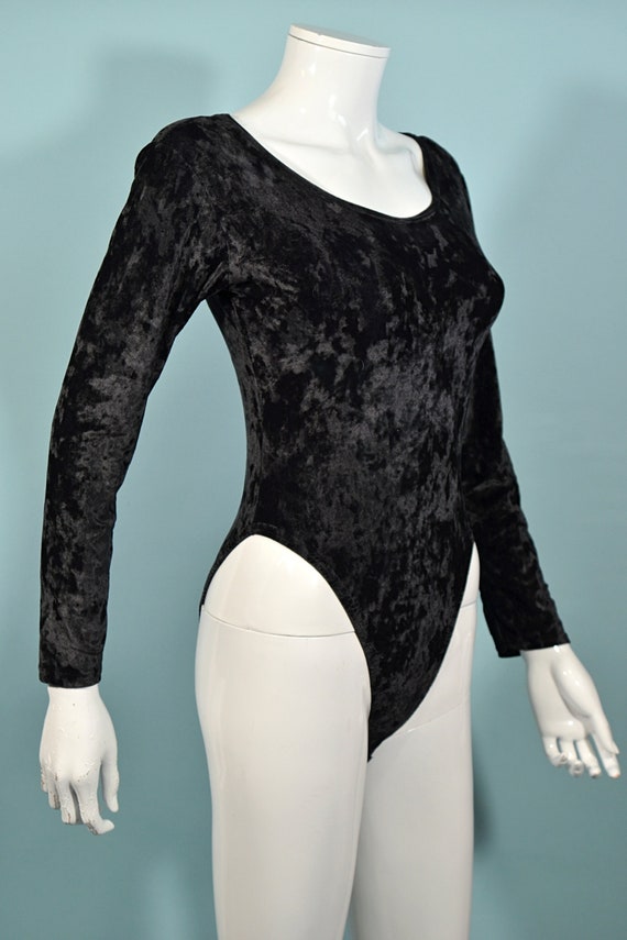 Vintage Black Crushed Velvet Bodysuit, 80s Sexy L… - image 5