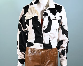 Veste courte en peluche à imprimé vache des années 90 M