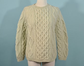 Vintage 60s Wool Hand Knit Sweater, Pale Green Cable Knit Pullover Sweater