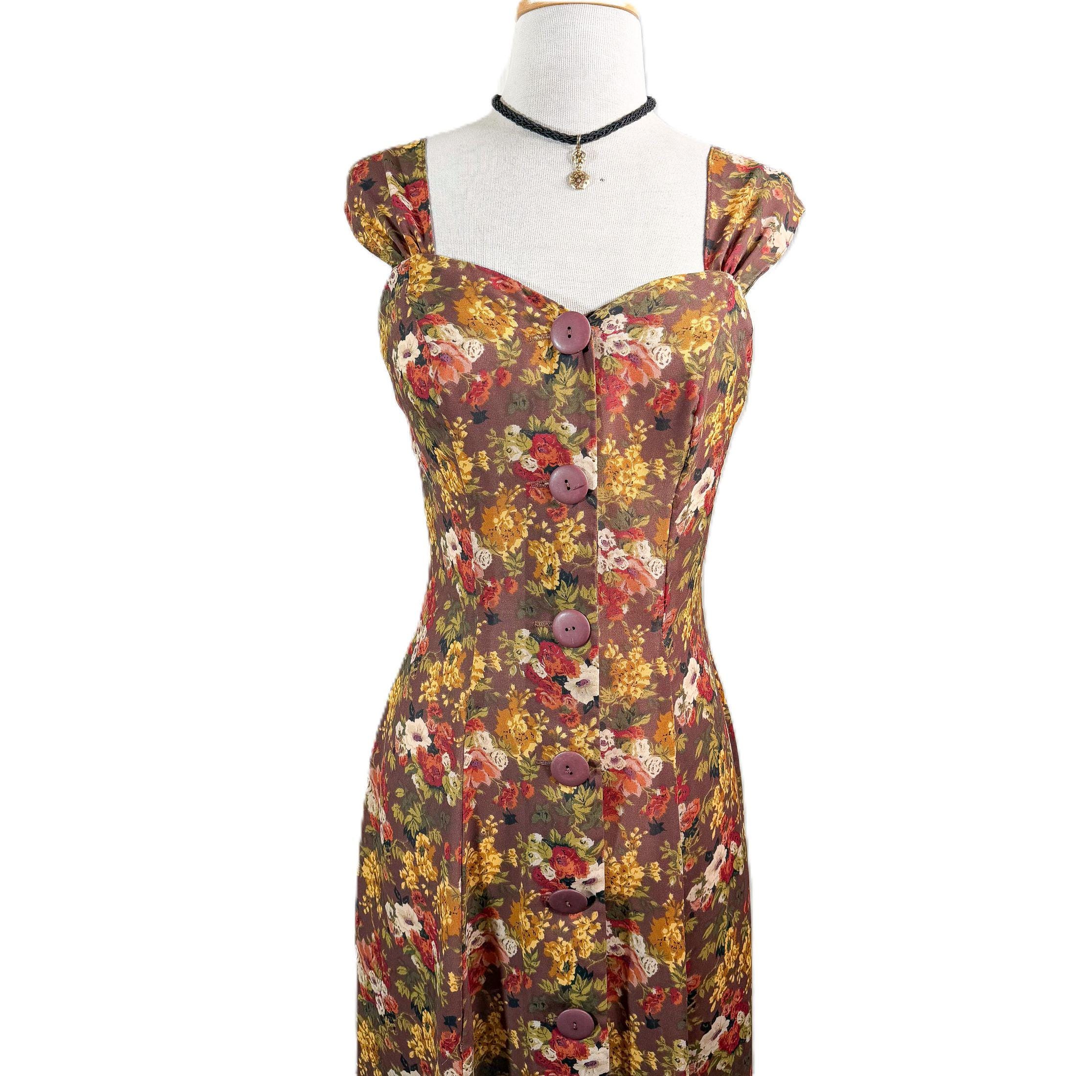 90s floral dress grunge Midi Dress, Brown W/flower Print XS vintage 90s floral dress