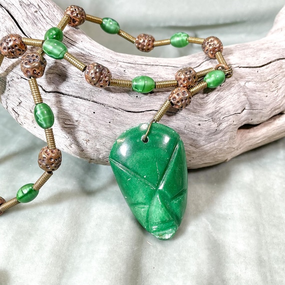 Casa Maya Pendant Necklace Hammered Brass/Copper Jade/Malachite