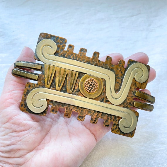 Vintage Maya Mexico Belt Buckle, Hammered Copper Mixed Metal  display picture 1