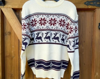 Vintage 70s Deer/Snowflake Novelty Sweater, Acrylic Pullover M