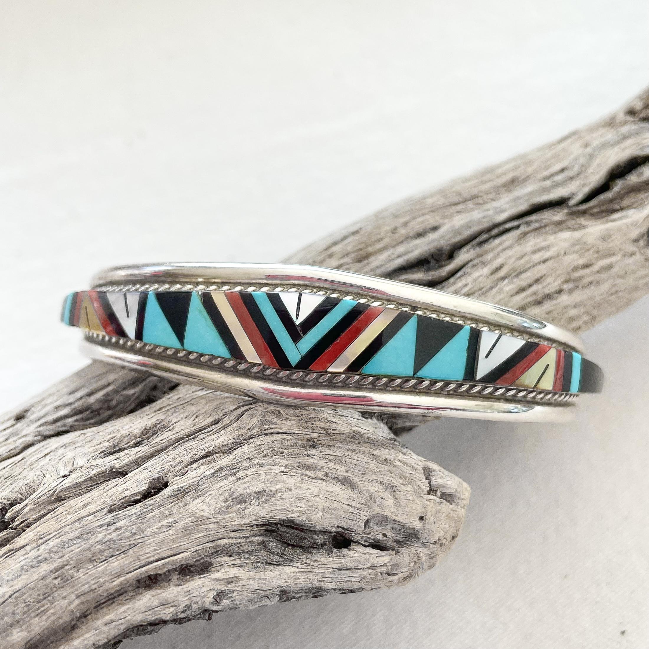R L Yuselew Zuni Sterling Silver Cuff Bracelet, Onyx Coral
