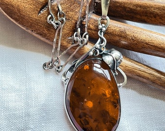 Vintage Baltic Amber & Sterling Silver Pendant Necklace, Art Nouveau Style