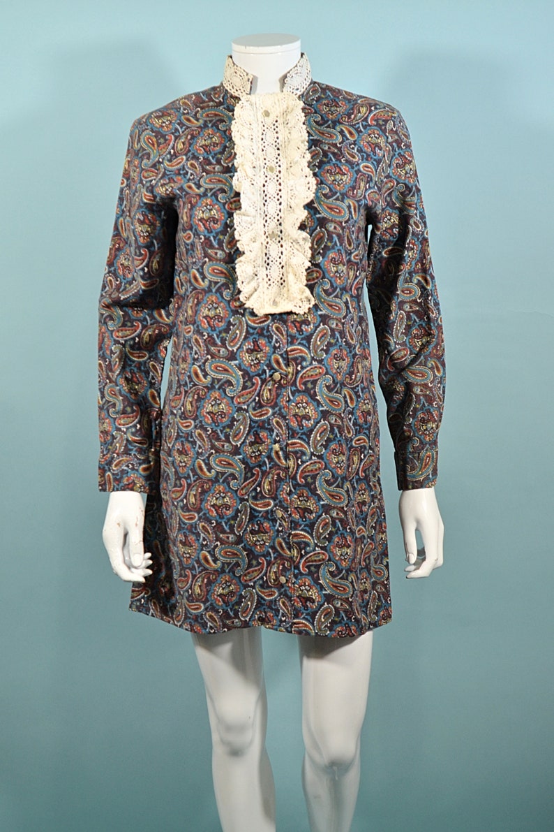 60s Mod Mini Dress, Lace Collar Paisley Print by Carol Brent S image 4