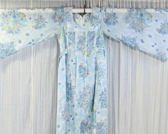 Vintage Angel Sleeve Maxi Dress, Soft Blue Floral Print Hippie Festival Dress S