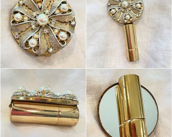 Lápiz labial/espejo compacto tono dorado vintage, diamantes de imitación AB, perlas de imitación, compacto MCM