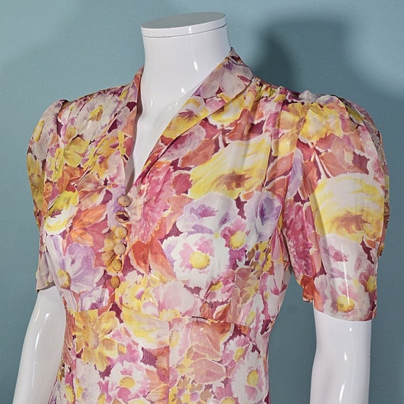 Vintage 1930s Sheer Floral Print Maxi Dress Puff … - image 3