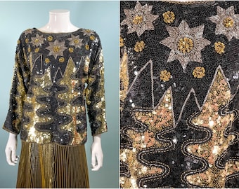 Vintage 70s Gold/Black Sequin Beaded Top w/Stars, Celestial Star Party Disco Top S