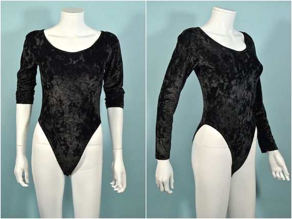 Vintage Black Crushed Velvet Bodysuit, 80s Sexy L… - image 2