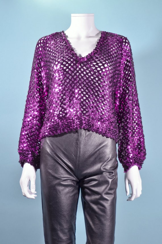 Vintage 70s Magenta Sequin Sparkle Top by Three F… - image 7