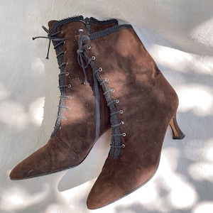 Vintage Brown Suede Granny Ankle Boots, Lace Up Grunge Victorian Style Boots 6.5 Narrow Fit