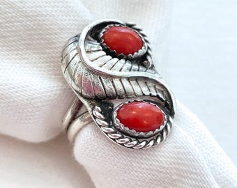 Anello vintage in stile sud-occidentale, in argento sterling, con corallo, misura 6 1/4.