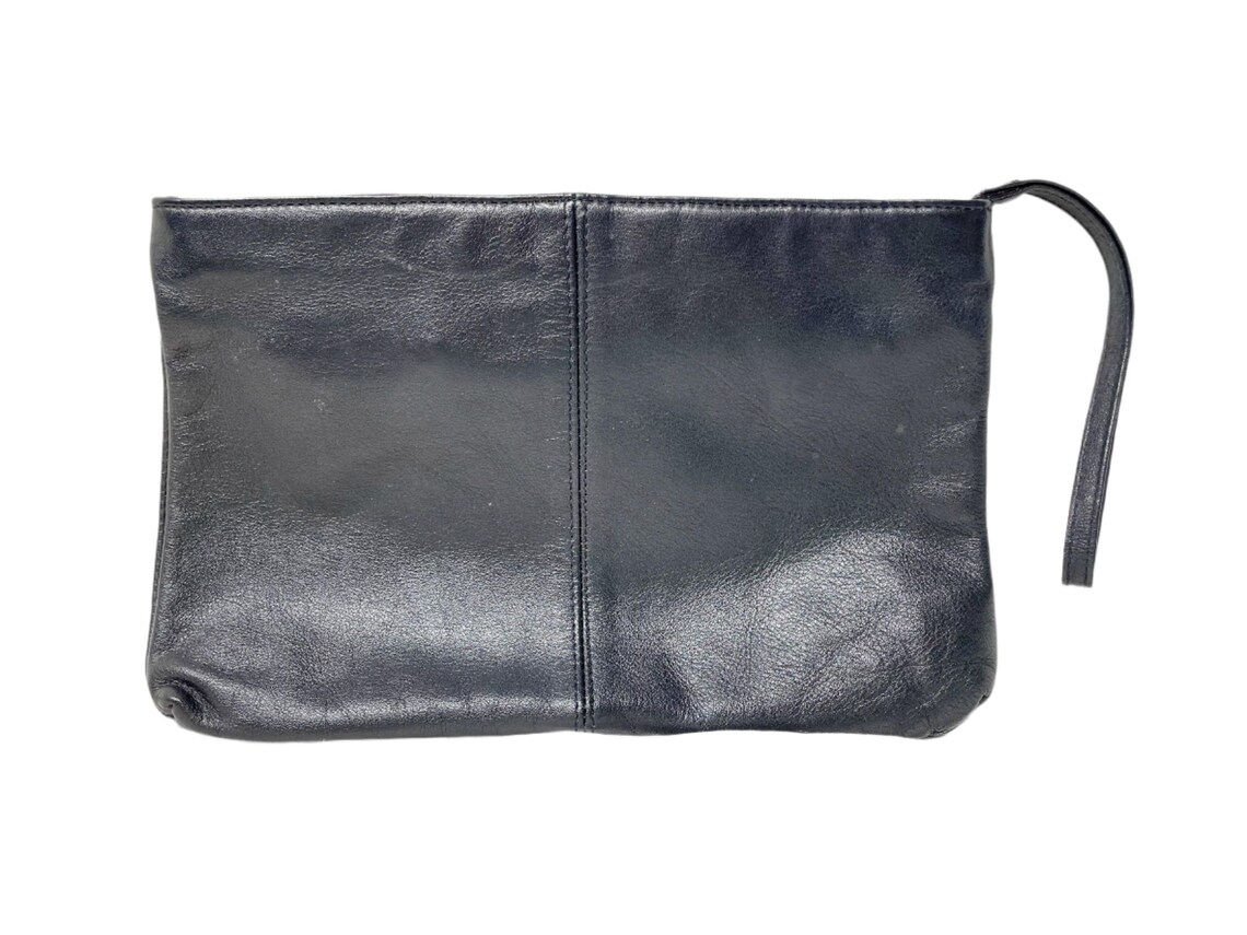 Vintage 70s Black Leather Small Clutch Bag, Flat Envelope Wristlet Bag, foto 3 di 5