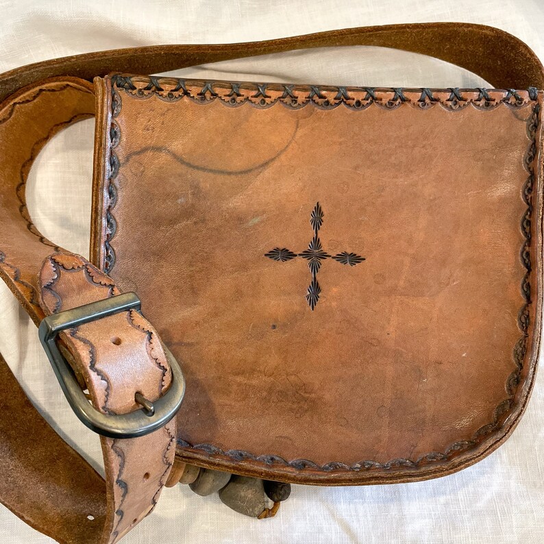 Vintage Tooled Leather Southwestern Shoulder Bag w/Ceramic Beads image 5