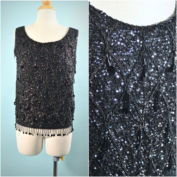 Vintage Black Sequin/Beaded Top, 60s GO GO Sparkl… - image 1