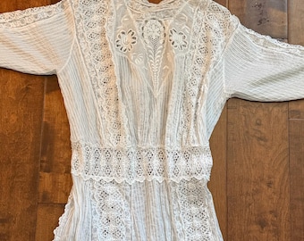 Antique/Vintage Edwardian/Victorian Dress, White Lace Lawn Dress S