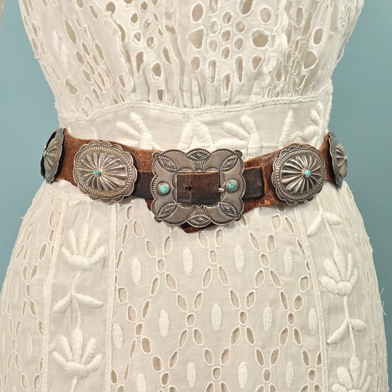 1930s Navajo Concho Belt, Hand Stamped Silver Tur… - image 6