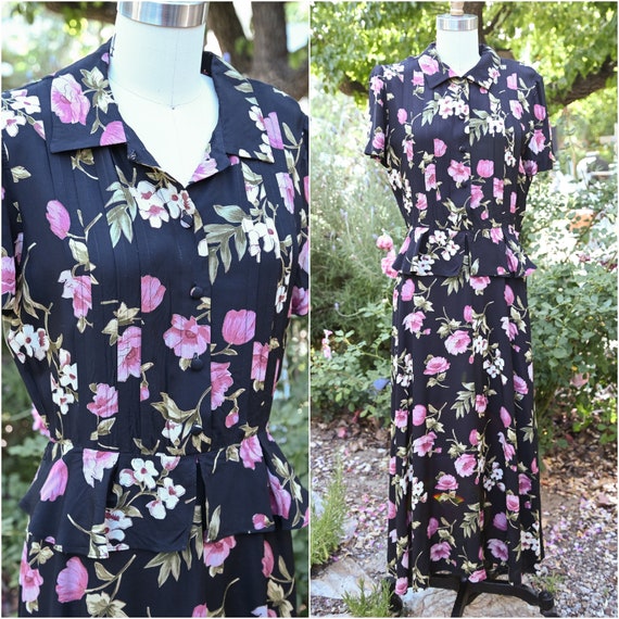 Navy/Pink 90s Peplum Floral Print Dress, Rayon Gr… - image 1