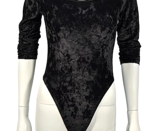 Vintage Black Crushed Velvet Bodysuit, 80s Sexy Leotard Body Wear S