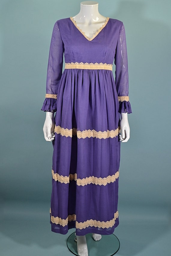 Vintage 60s/70s Purple Maxi Dress Ruffle & Lace D… - image 2