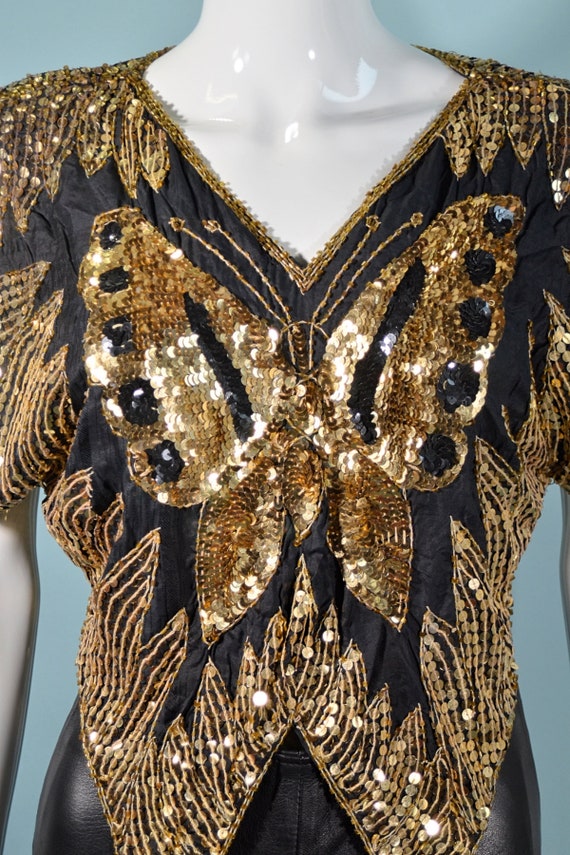 Vintage 70s Sequin Butterfly Top, Gold/Black Boho… - image 6