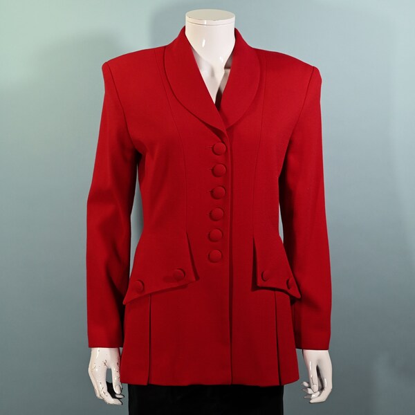 Vintage 80s Red Wool Long Fitted Blazer, Sunny Names SZ 4