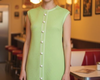 May include: A sleeveless, light green dress with a textured pattern. The dress features a row of white buttons down the front and white trim. The woman is standing in a diner.