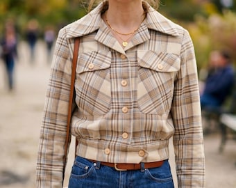 Trousers Up Vintage Wool Plaid Cropped Bomber Jacket M