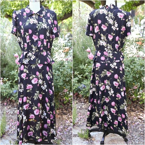 Navy/Pink 90s Peplum Floral Print Dress, Rayon Gr… - image 6