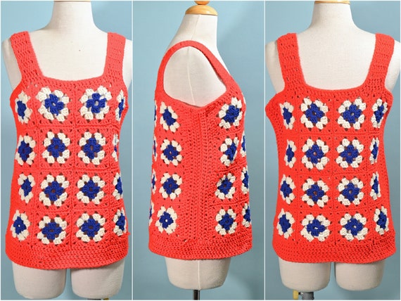 Vintage 70s Granny Square Crochet Top, Americana … - image 3