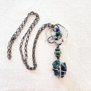 Vintage 50s/60s Sterling Artisan Made Abstract Brutalist Modernist Necklace, Azure Malachite Pendant