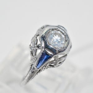 Antique Art Deco Diamond Ring: 14K White Gold, Synthetic Sapphire Accents, Size 5.5