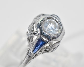 Antique Art Deco Diamond Ring: 14K White Gold, Synthetic Sapphire Accents, Size 5.5