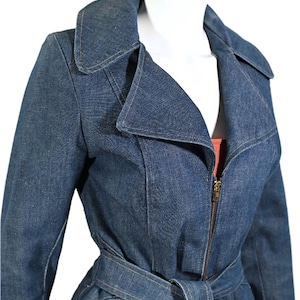 Vintage 60s/70s Denim Mini Coat, Hippie Mod Belted Denim Jacket XS/S