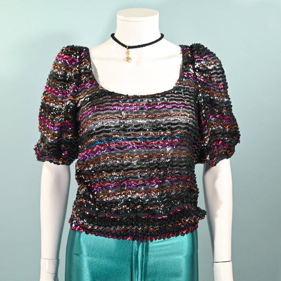 Vintage 70s Sparkle Sequin Disco Top, Puff Sleeve… - image 9