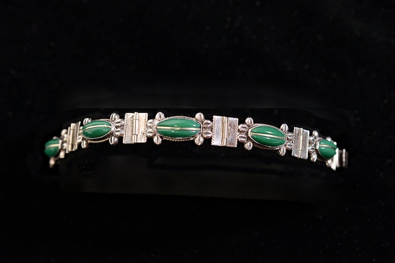 Vintage Del Rio Mexican Silver + Green Onyx Bracelet, 76.9 Grams