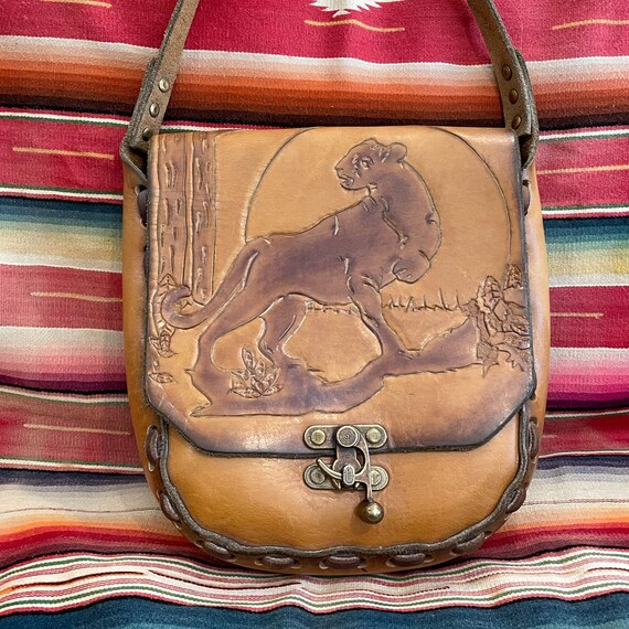 Vintage Hand Tooled Leather Shoulder Bag, Wild Ca… - image 8
