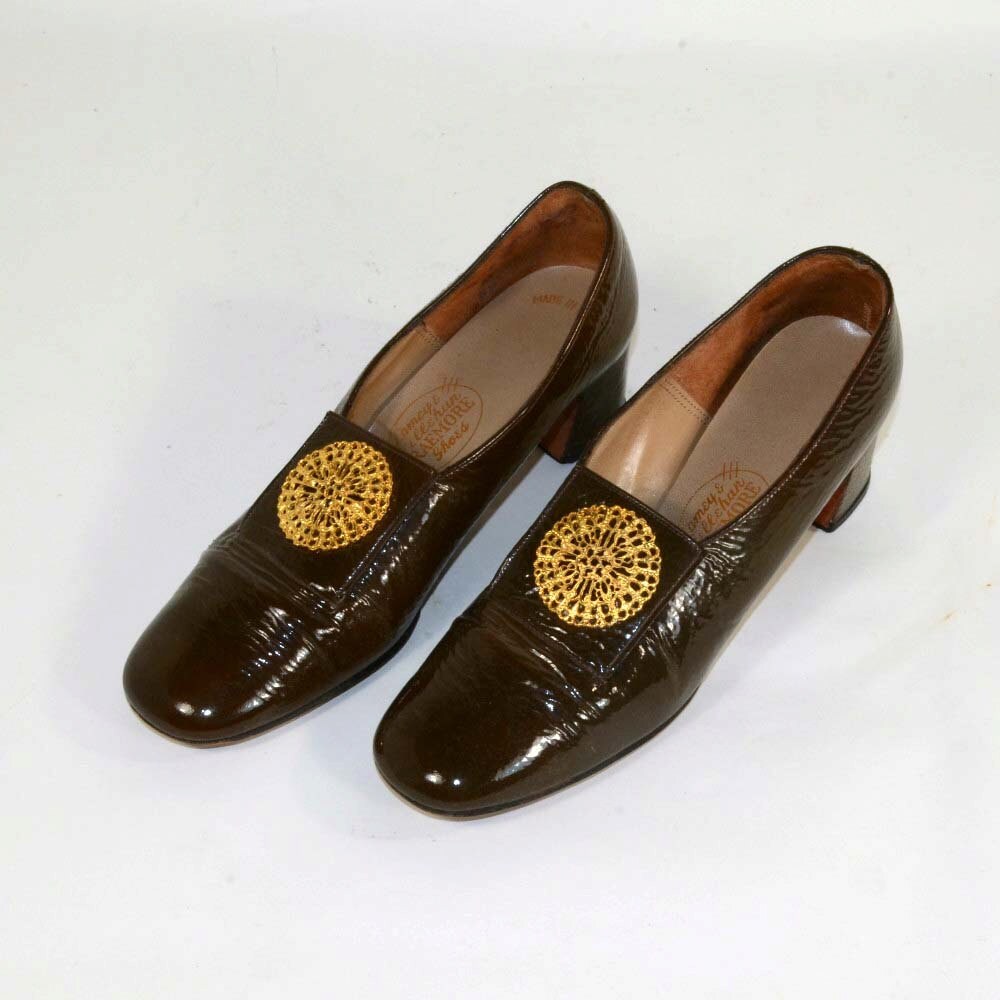 Vintage 60s Mod Brown Patent Leather Pilgrim Shoes Round Toe | Etsy